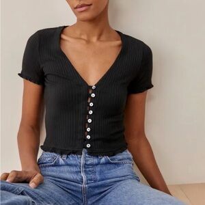 Reformation Ribbed Short-Sleeve Button Front Top - Black